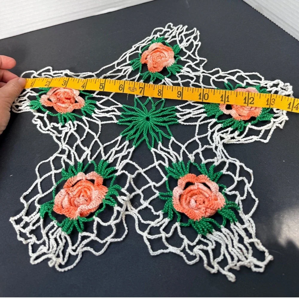 Vintage Handmade Crochet Star Doily 3D Peach Cabbage Rose Green White 13‎ Inch